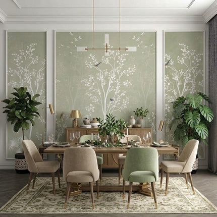 Beyaz Chinoiserie Ağaçlar ve Kuşlar Çıtalı Duvar Kağıdı Seti