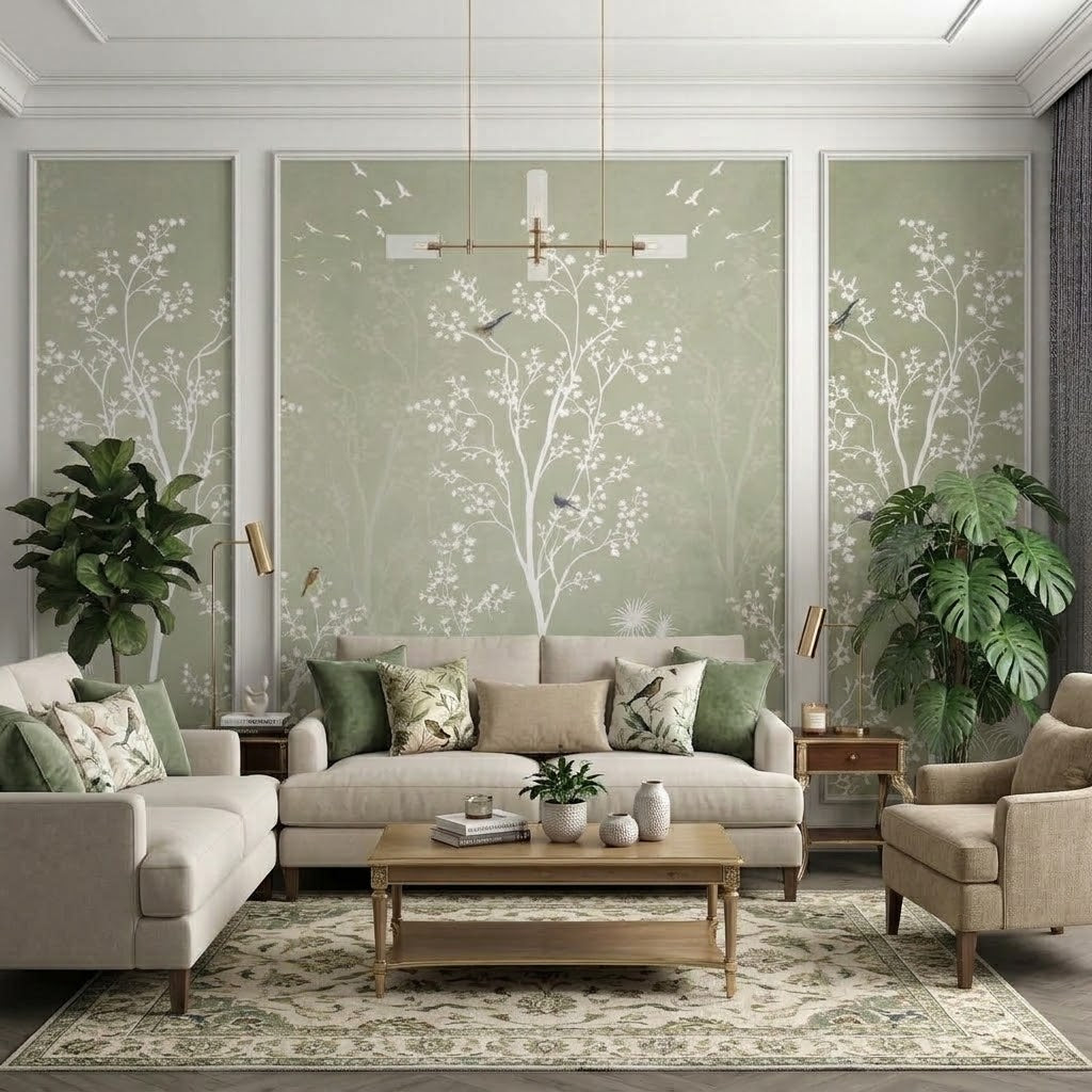 Beyaz Chinoiserie Ağaçlar ve Kuşlar Çıtalı Duvar Kağıdı Seti – uygulama görseli 2