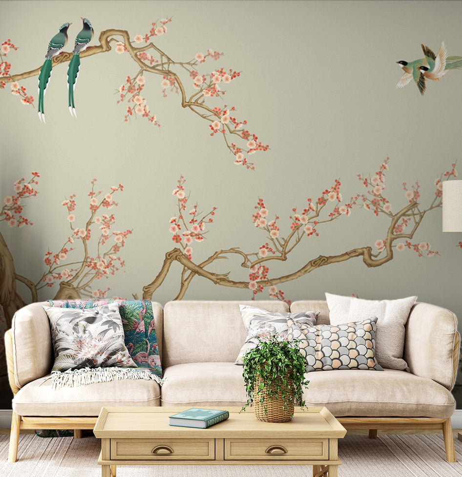 Chinoiserie Kiraz Dalları ve Kuşlar Duvar Kağıdı – uygulama görseli 2