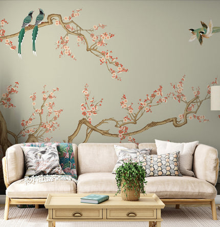 Chinoiserie Kiraz Dalları ve Kuşlar Duvar Kağıdı – uygulama görseli 2