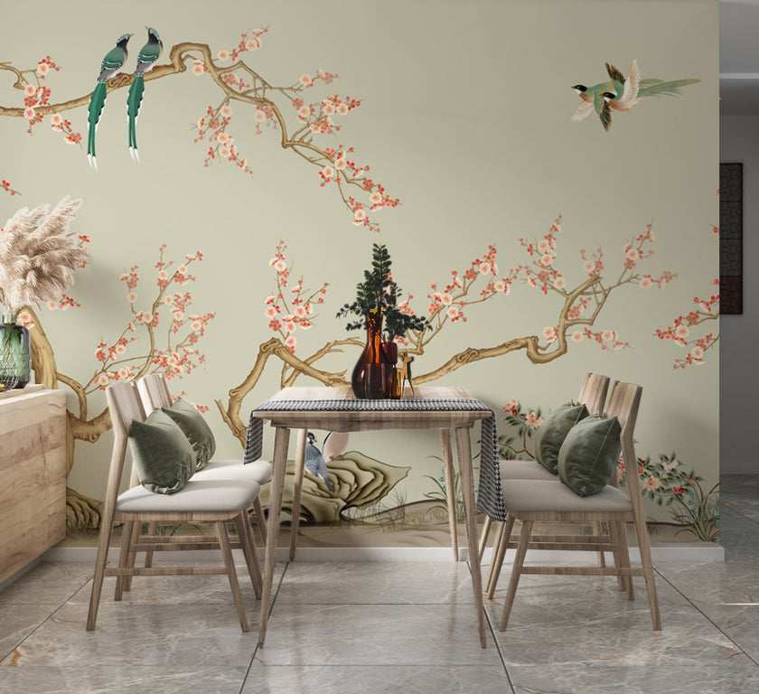 Chinoiserie Kiraz Dalları ve Kuşlar Duvar Kağıdı – uygulama görseli 3