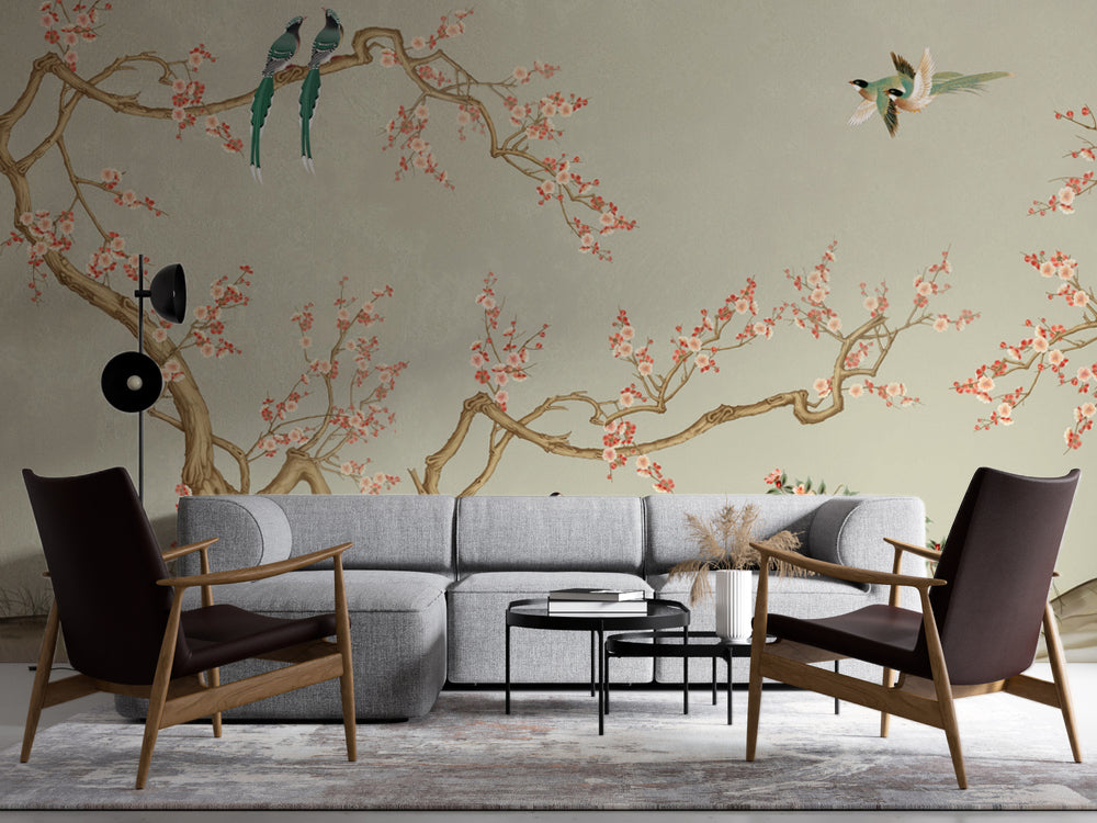 Chinoiserie Kiraz Dalları ve Kuşlar Duvar Kağıdı – uygulama görseli 4