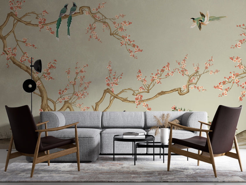 Chinoiserie Kiraz Dalları ve Kuşlar Duvar Kağıdı – uygulama görseli 4