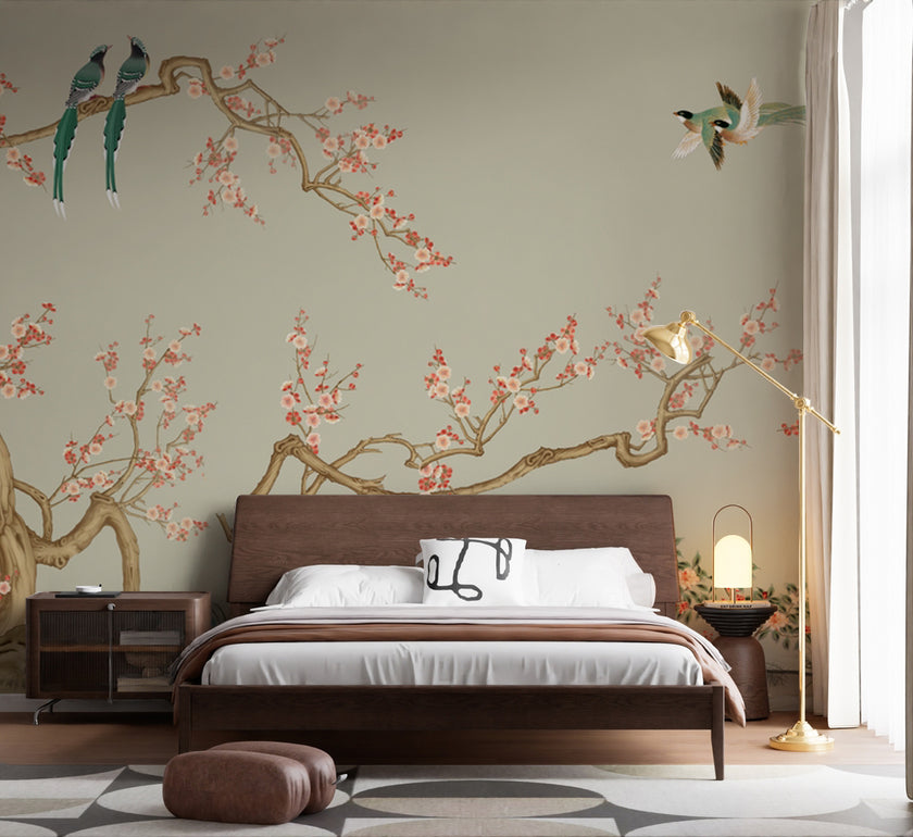 Chinoiserie Kiraz Dalları ve Kuşlar Duvar Kağıdı – uygulama görseli 5