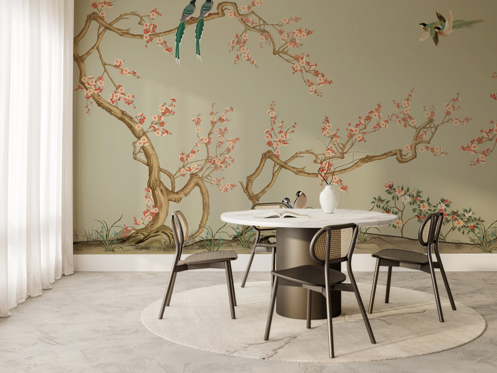 Chinoiserie Kiraz Dalları ve Kuşlar Duvar Kağıdı – uygulama görseli 6
