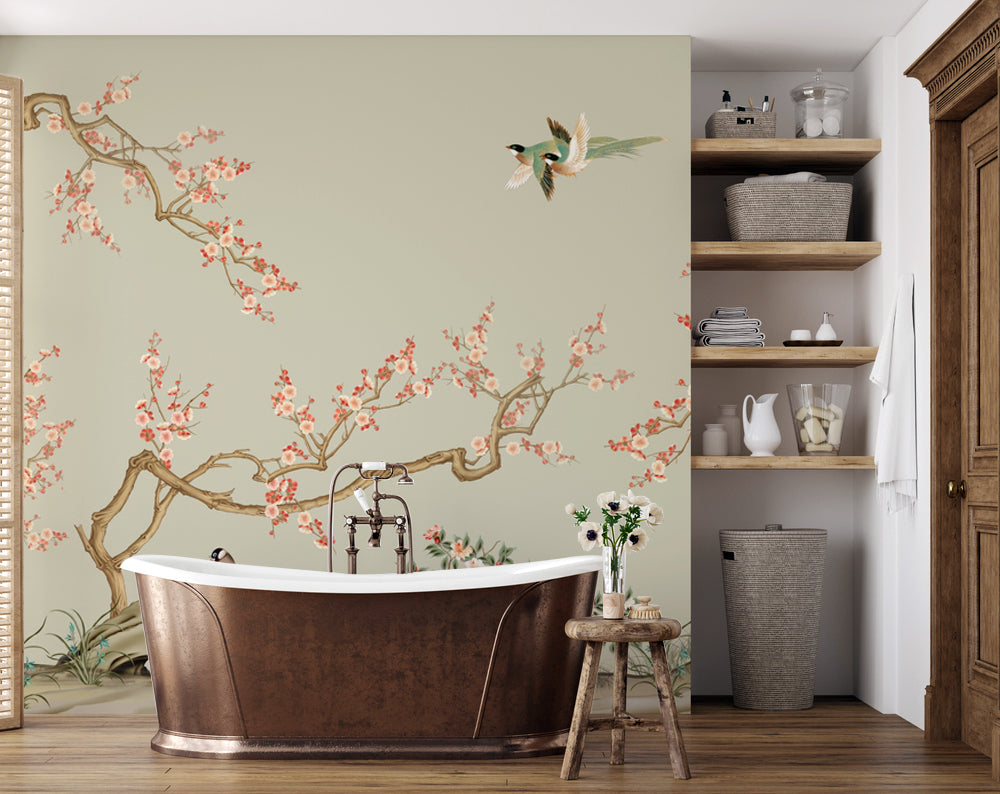 Chinoiserie Kiraz Dalları ve Kuşlar Duvar Kağıdı – uygulama görseli 7