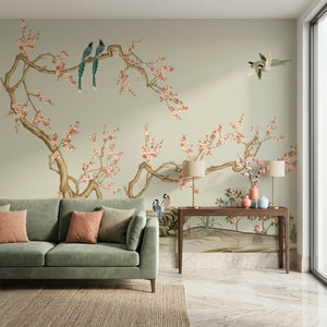 Chinoiserie Kiraz Dalları ve Kuşlar Duvar Kağıdı – Adaçayı Yeşili Fon