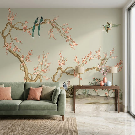 Chinoiserie Kiraz Dalları ve Kuşlar Duvar Kağıdı – Adaçayı Yeşili Fon