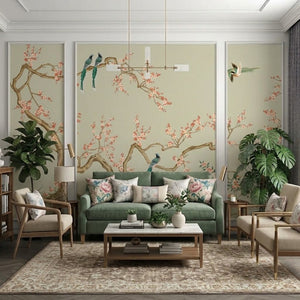 Chinoiserie Kiraz Dalları ve Kuşlar Çıtalı Duvar Kağıdı Seti