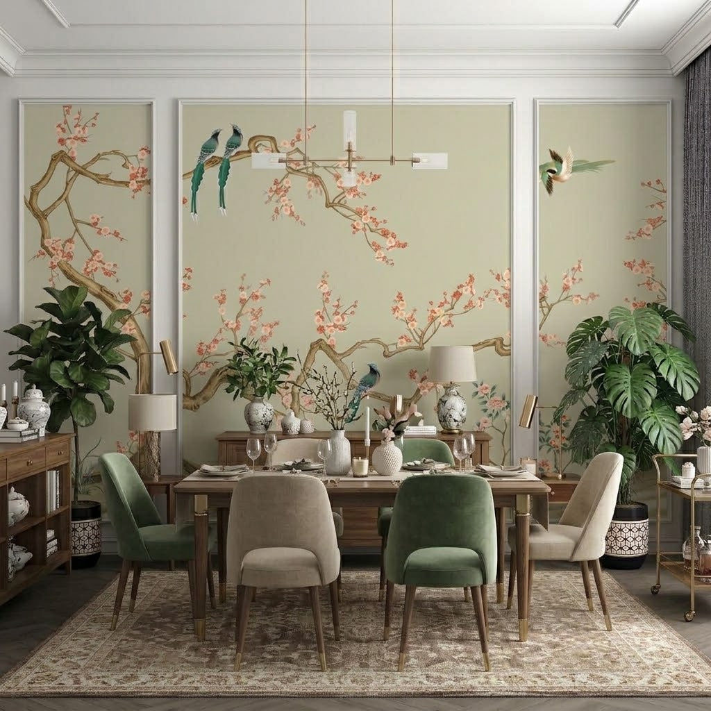 Chinoiserie Kiraz Dalları ve Kuşlar Çıtalı Duvar Kağıdı Seti – uygulama görseli 2