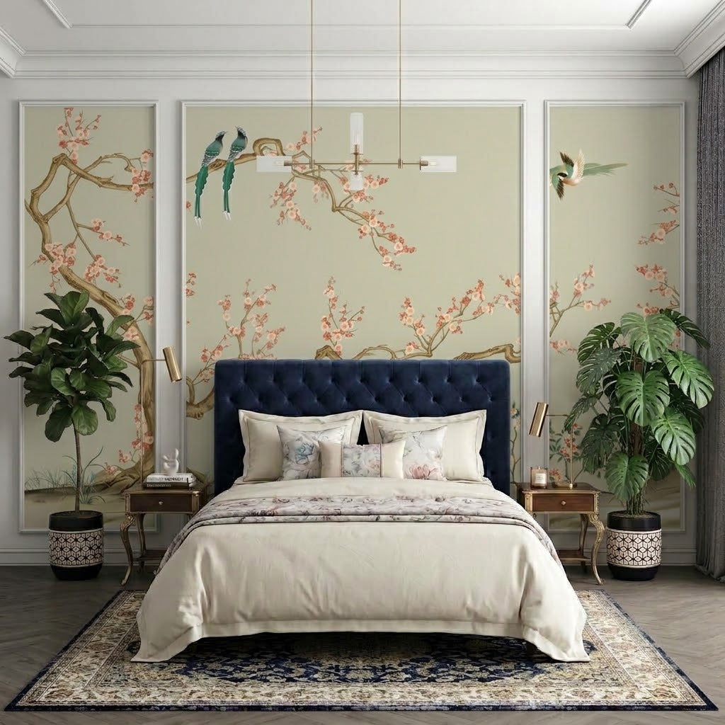 Chinoiserie Kiraz Dalları ve Kuşlar Çıtalı Duvar Kağıdı Seti – uygulama görseli 3
