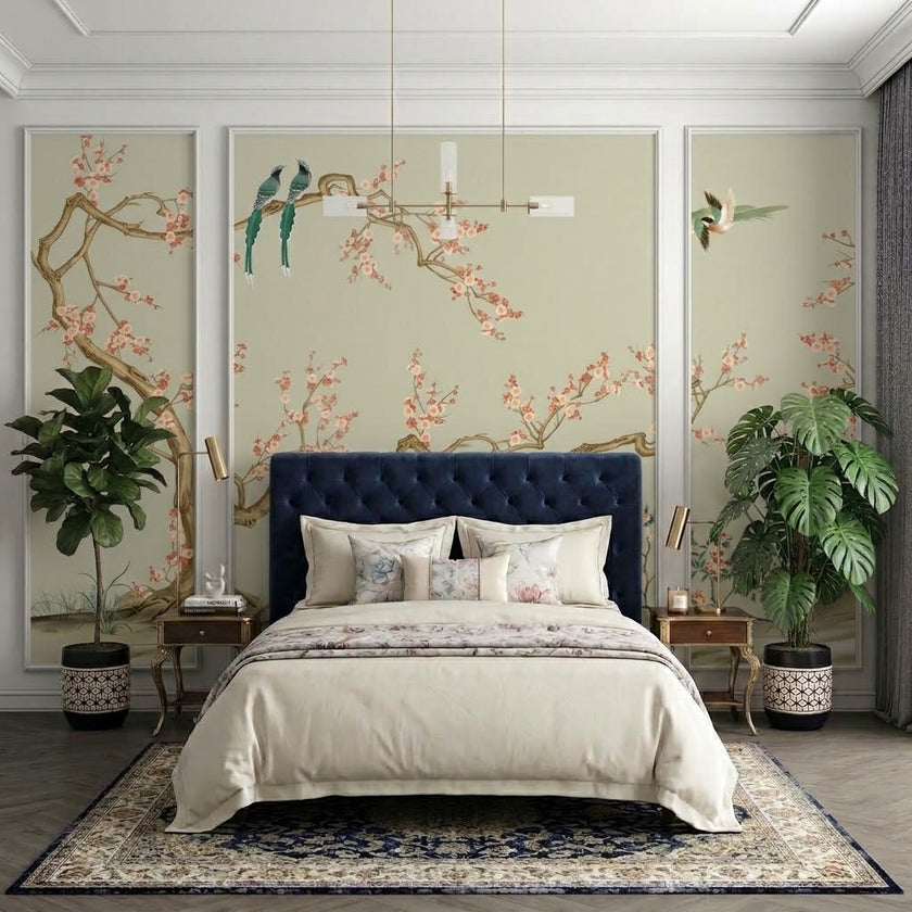 Chinoiserie Kiraz Dalları ve Kuşlar Çıtalı Duvar Kağıdı Seti – uygulama görseli 3