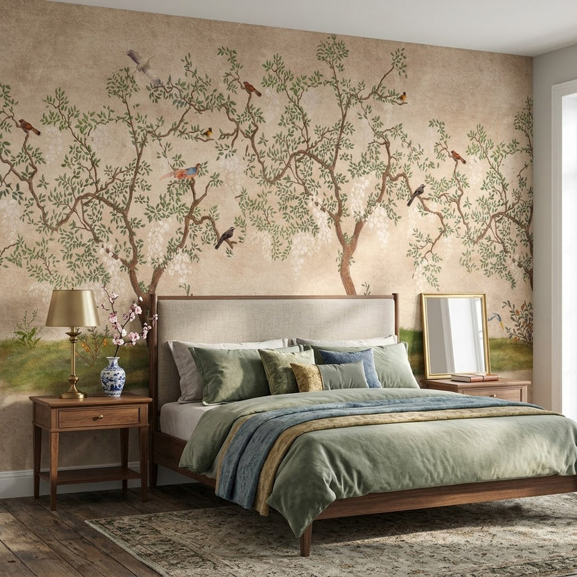 Chinoiserie Ağaç ve Kuşlar Duvar Kağıdı – Bej Eskitme Fon