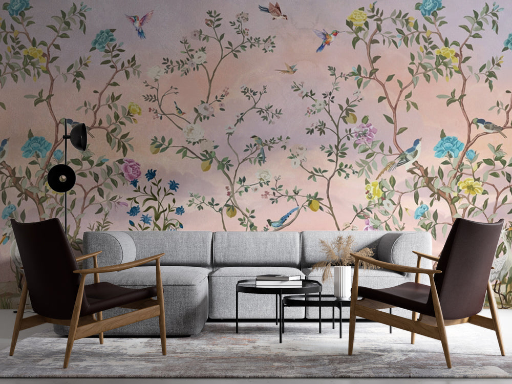 Chinoiserie Çiçekli Bahçe ve Kuşlar Duvar Kağıdı – uygulama görseli 4