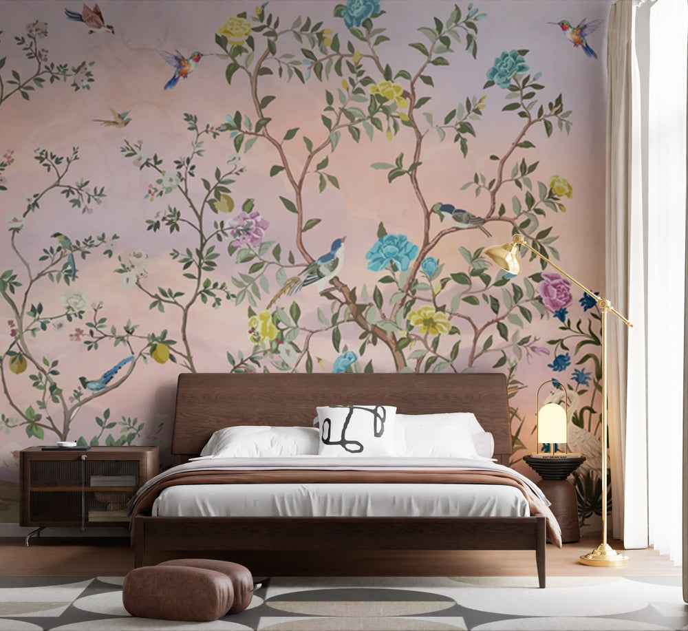 Chinoiserie Çiçekli Bahçe ve Kuşlar Duvar Kağıdı – uygulama görseli 5