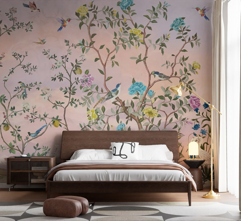 Chinoiserie Çiçekli Bahçe ve Kuşlar Duvar Kağıdı – uygulama görseli 5