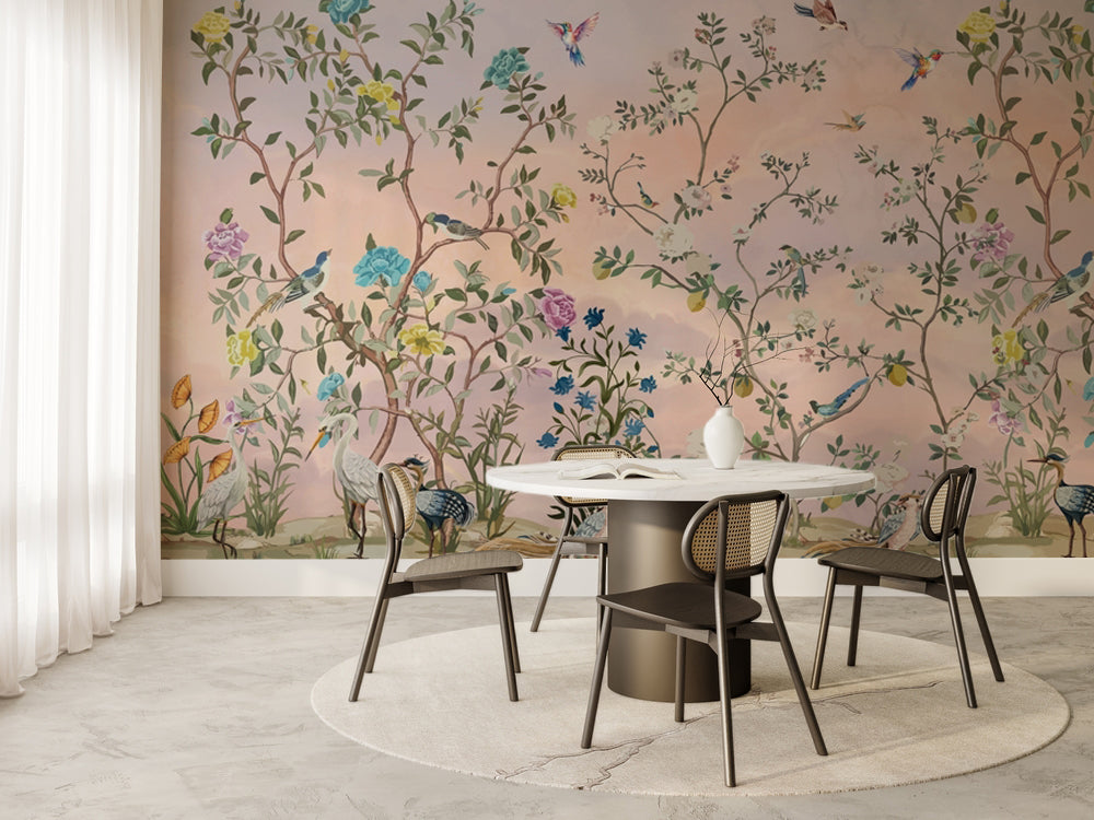 Chinoiserie Çiçekli Bahçe ve Kuşlar Duvar Kağıdı – uygulama görseli 6