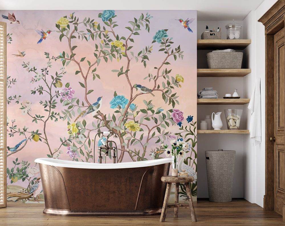 Chinoiserie Çiçekli Bahçe ve Kuşlar Duvar Kağıdı – uygulama görseli 7