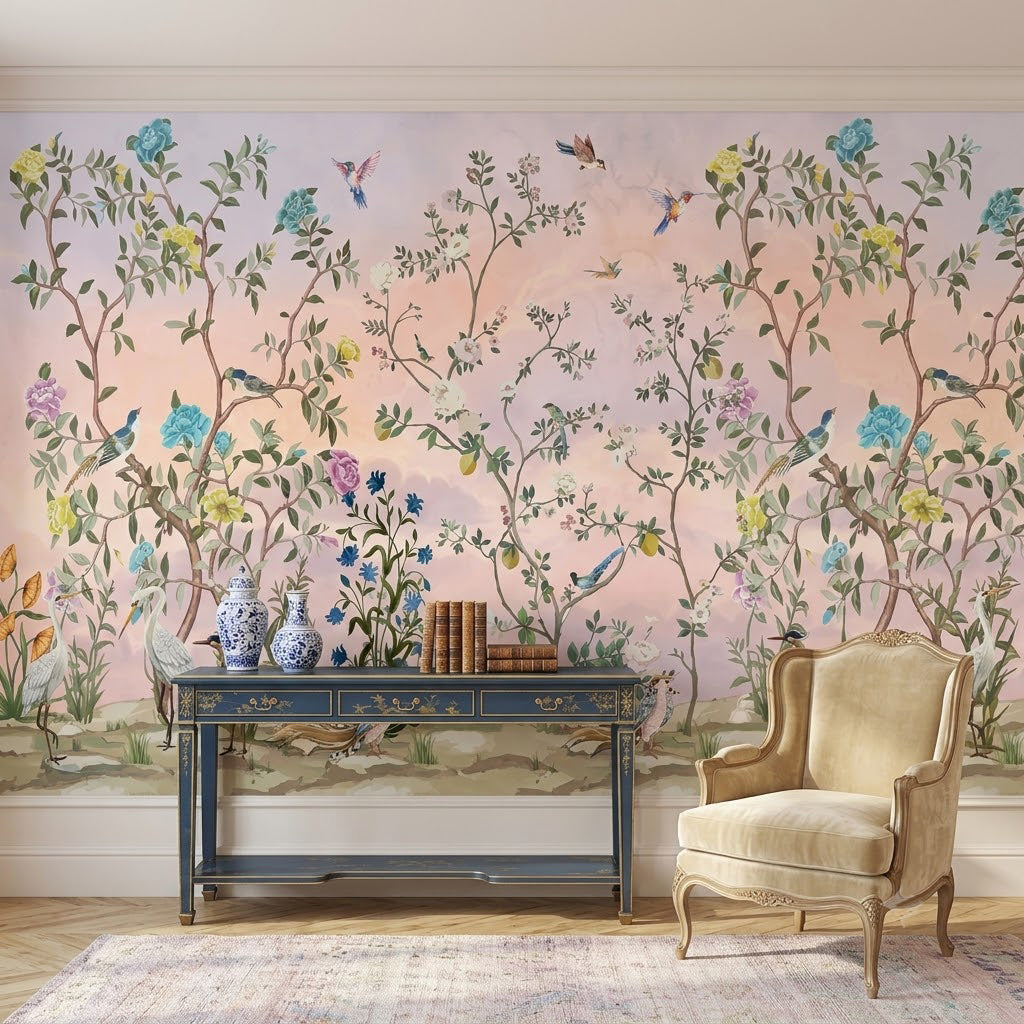 Chinoiserie Çiçekli Bahçe ve Kuşlar Duvar Kağıdı – Pastel Pembe Fon