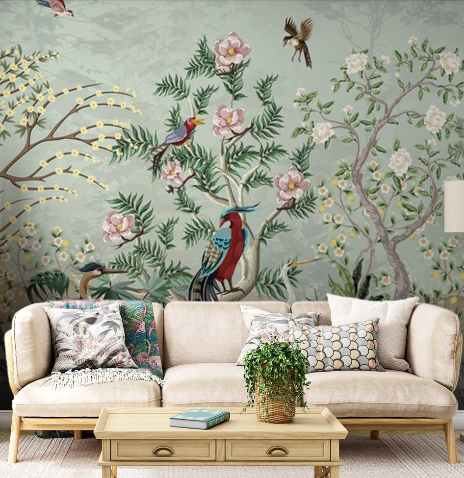 Chinoiserie Bahçe ve Sülün Kuşları Duvar Kağıdı – uygulama görseli 2