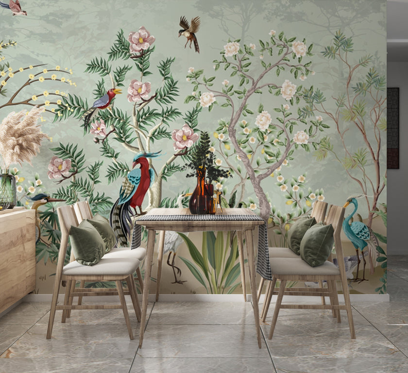 Chinoiserie Bahçe ve Sülün Kuşları Duvar Kağıdı – uygulama görseli 3