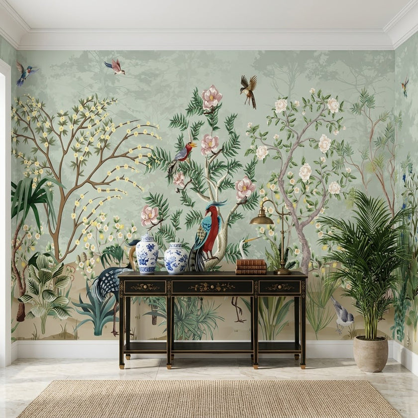 Chinoiserie Bahçe ve Sülün Kuşları Duvar Kağıdı – Yeşil Fon