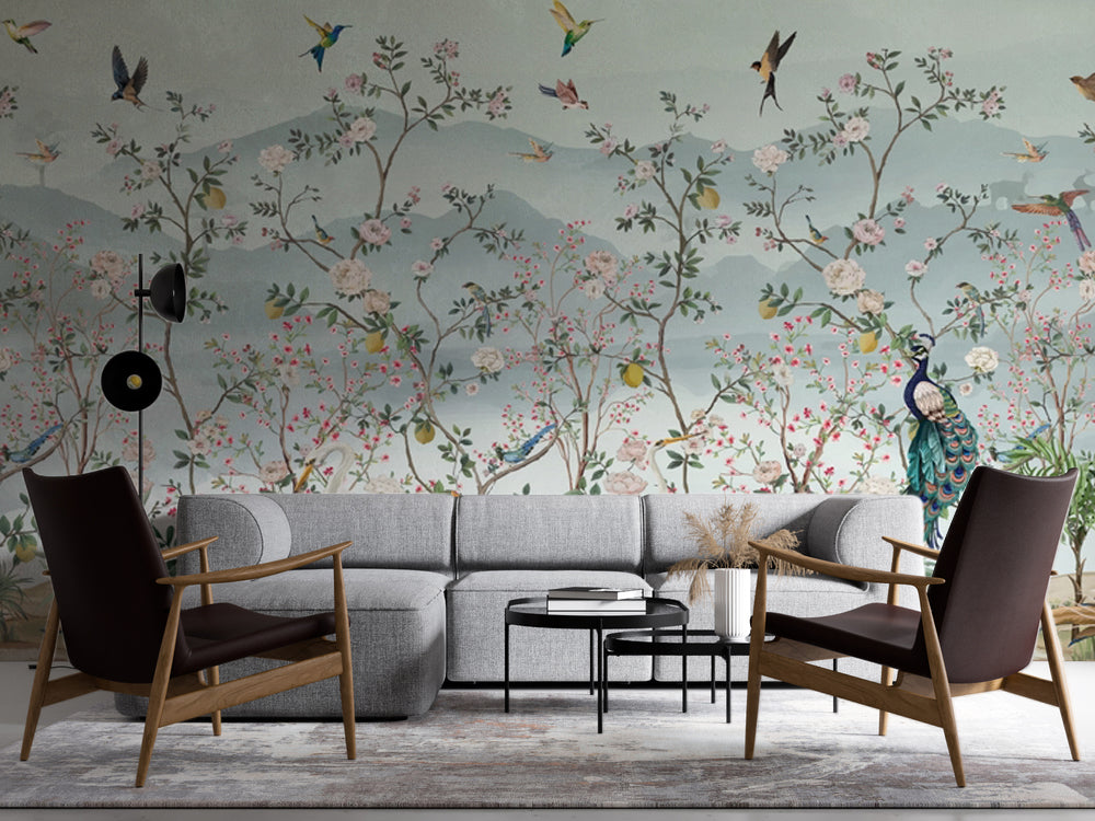 Chinoiserie Çiçekli Ağaçlar ve Sinek Kuşları Duvar Kağıdı – uygulama görseli 4