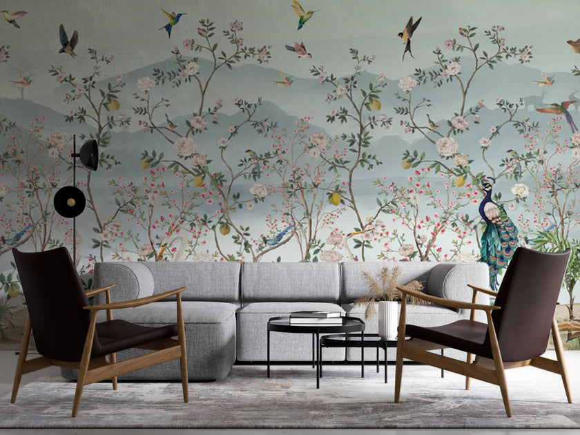 Chinoiserie Çiçekli Ağaçlar ve Sinek Kuşları Duvar Kağıdı – uygulama görseli 4