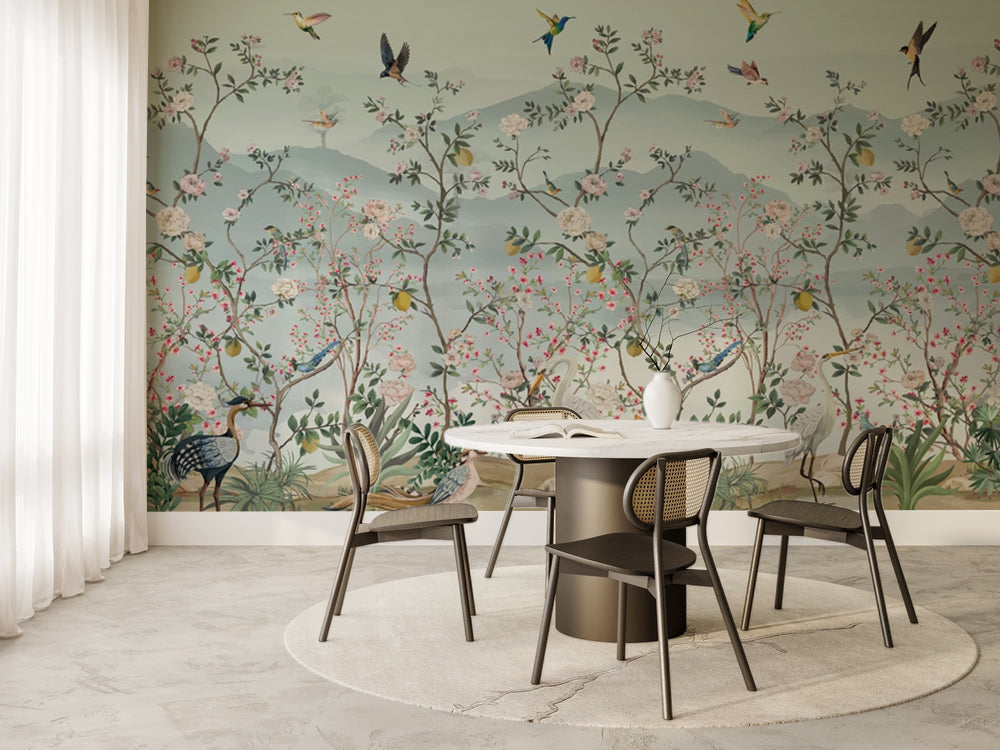 Chinoiserie Çiçekli Ağaçlar ve Sinek Kuşları Duvar Kağıdı – uygulama görseli 6