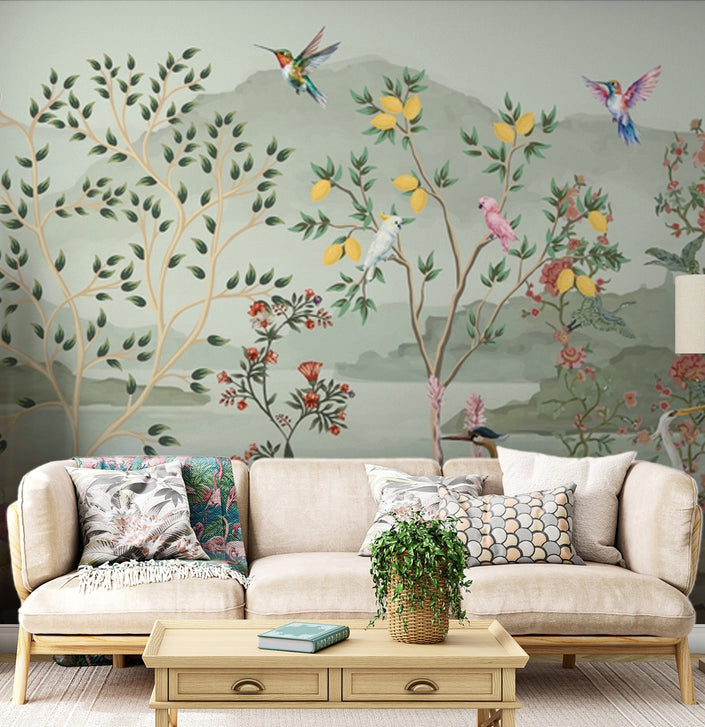 Chinoiserie Bahçe, Tavus ve Turnalar Duvar Kağıdı – uygulama görseli 2