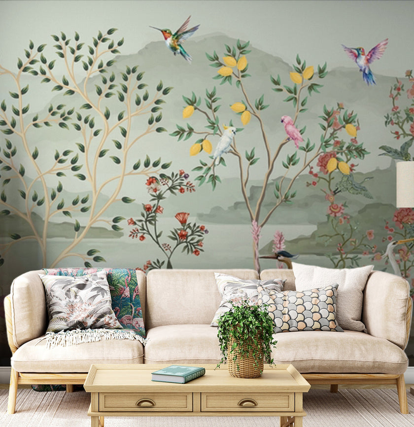 Chinoiserie Bahçe, Tavus ve Turnalar Duvar Kağıdı – uygulama görseli 2