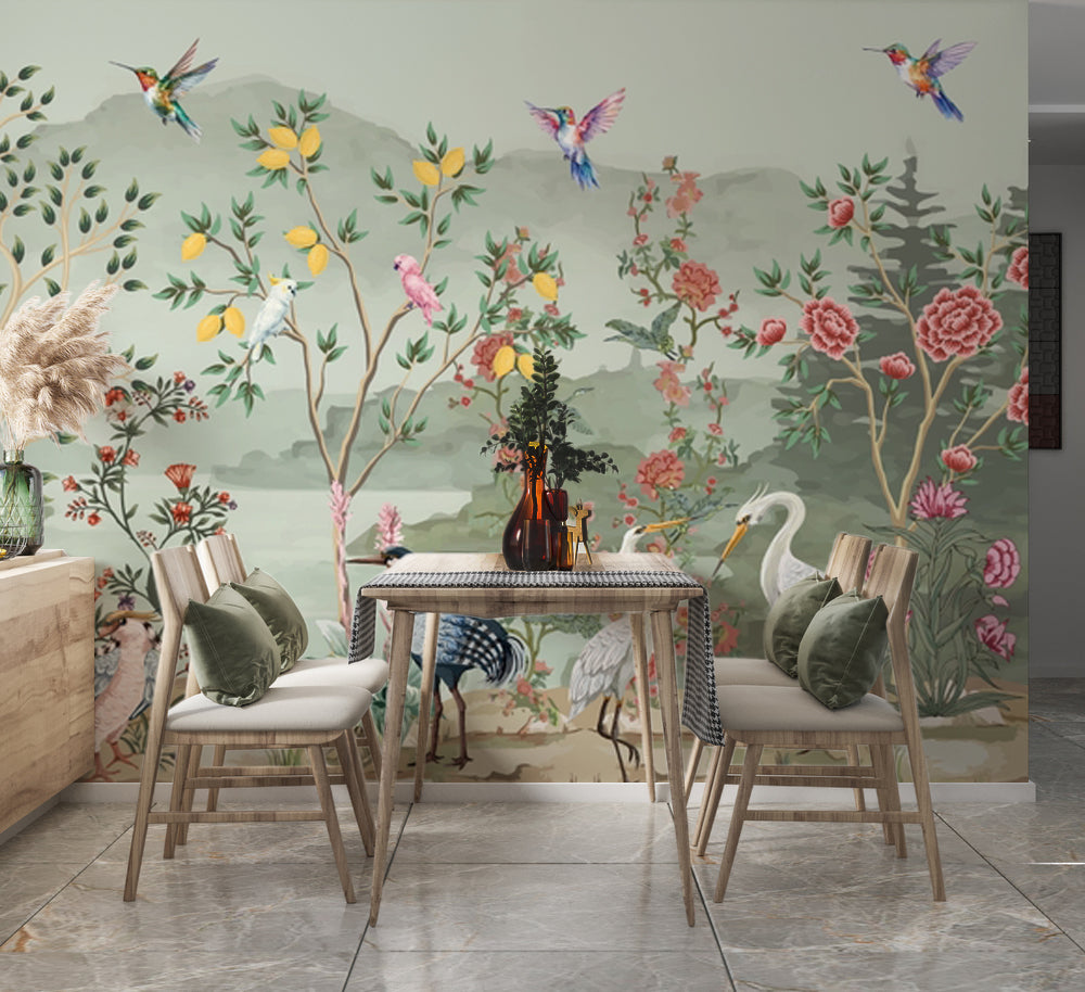 Chinoiserie Bahçe, Tavus ve Turnalar Duvar Kağıdı – uygulama görseli 3