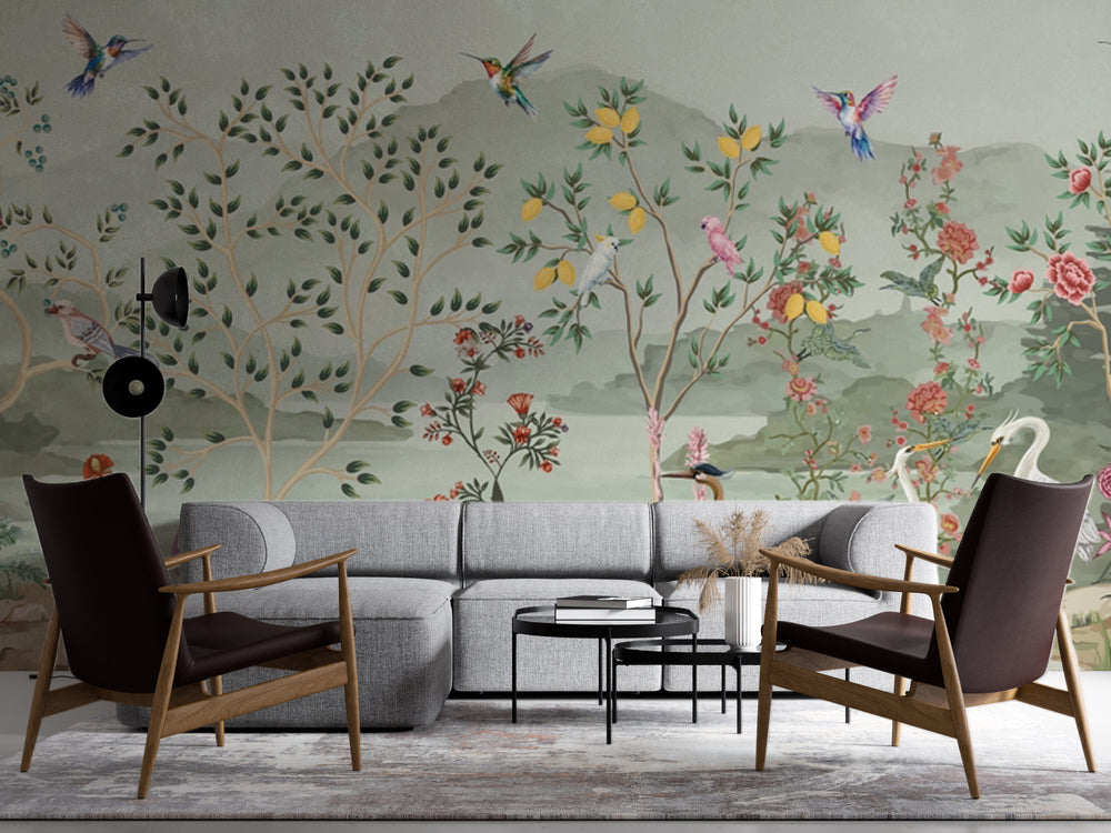 Chinoiserie Bahçe, Tavus ve Turnalar Duvar Kağıdı – uygulama görseli 4
