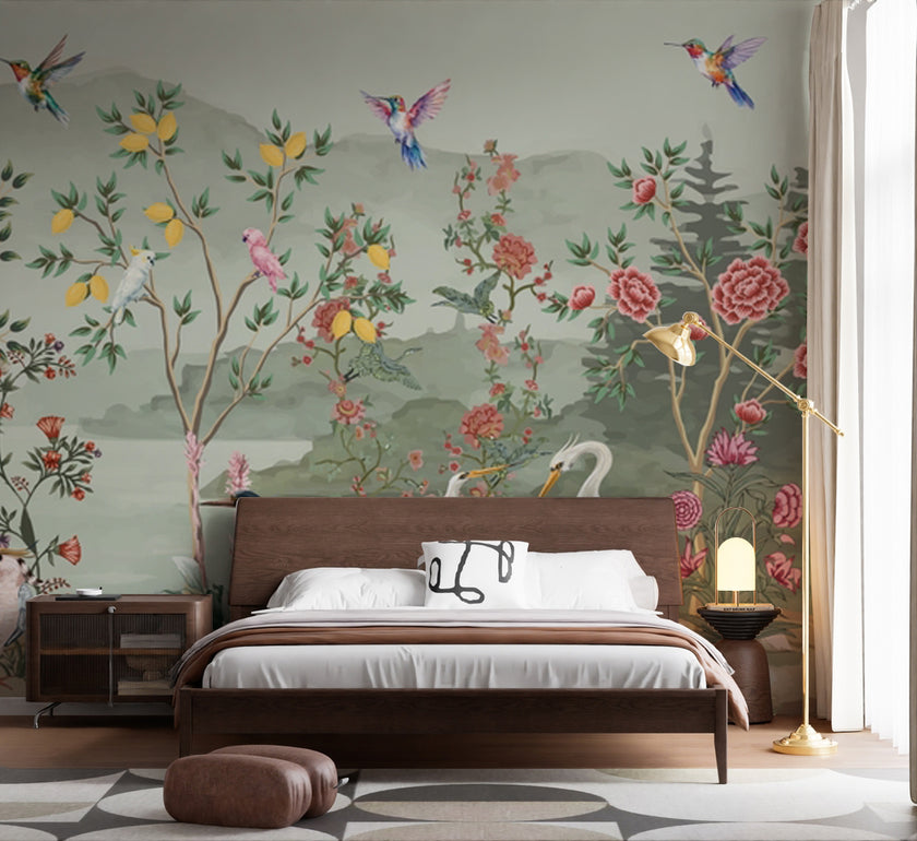 Chinoiserie Bahçe, Tavus ve Turnalar Duvar Kağıdı – uygulama görseli 5