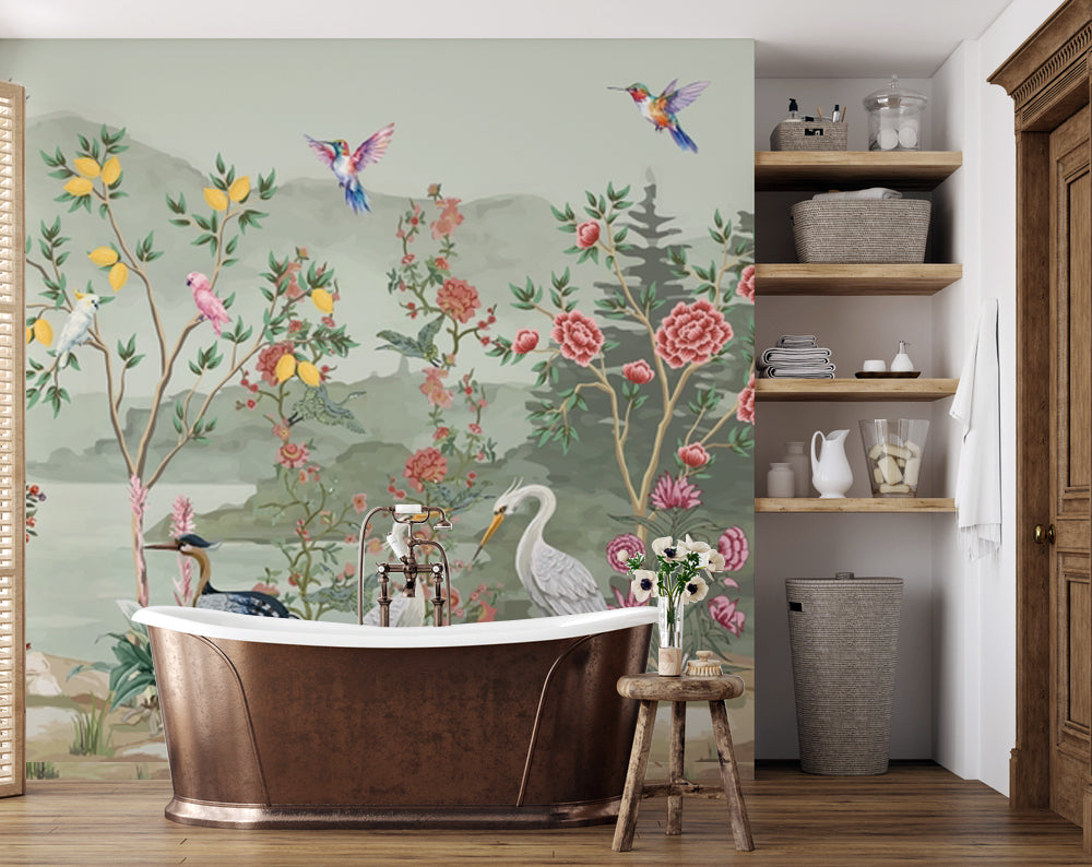 Chinoiserie Bahçe, Tavus ve Turnalar Duvar Kağıdı – uygulama görseli 7