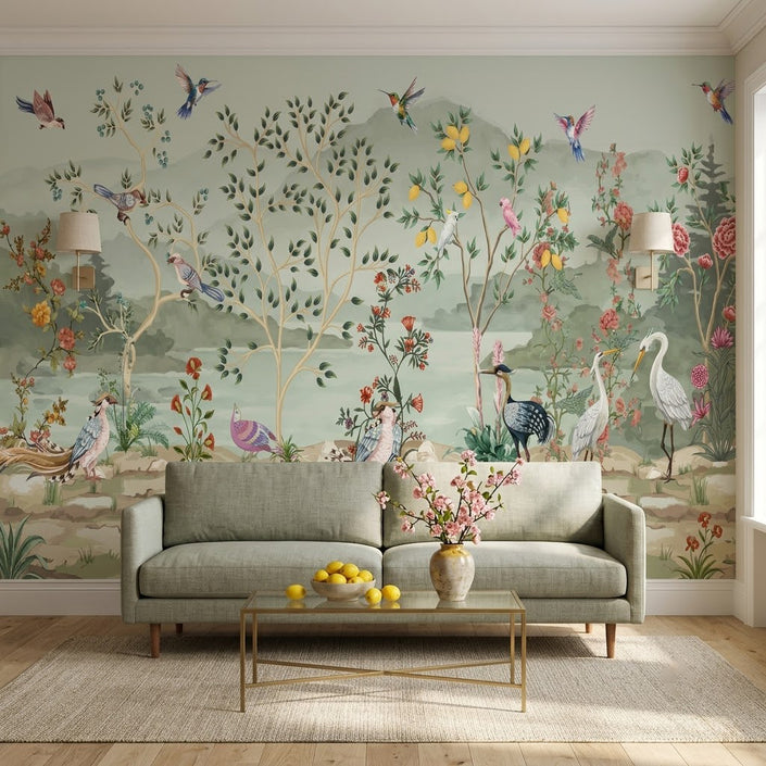 Chinoiserie Bahçe, Tavus ve Turnalar Duvar Kağıdı – Yeşil Fon