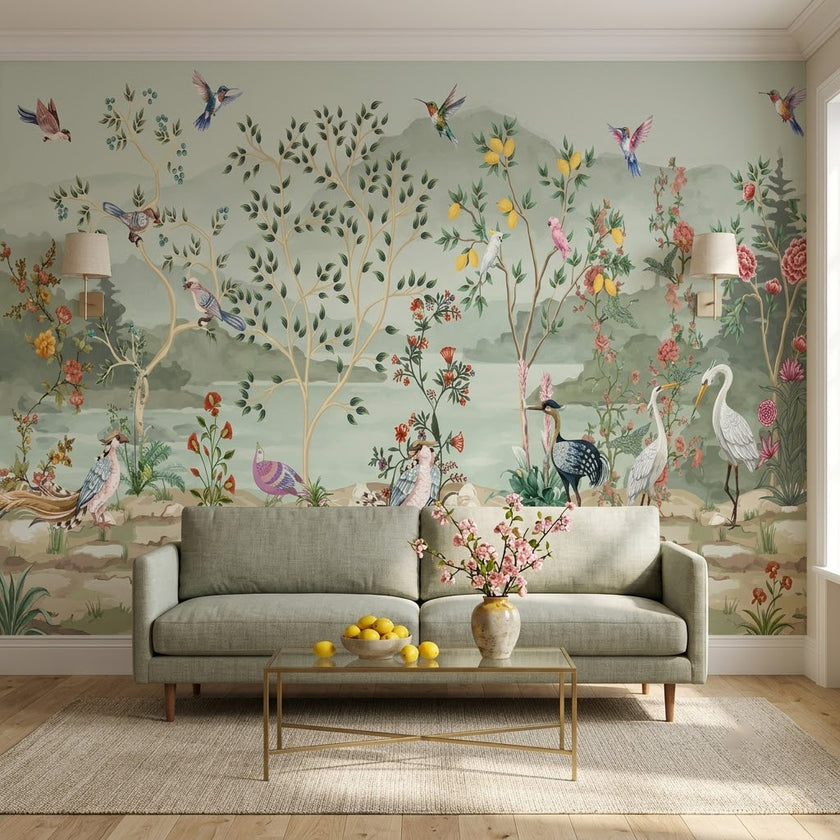 Chinoiserie Bahçe, Tavus ve Turnalar Duvar Kağıdı – Yeşil Fon