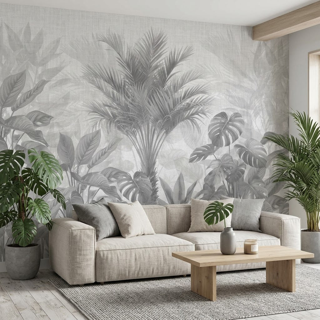 Gri Monokrom Palmiye ve Monstera Ormanı Duvar Kağıdı