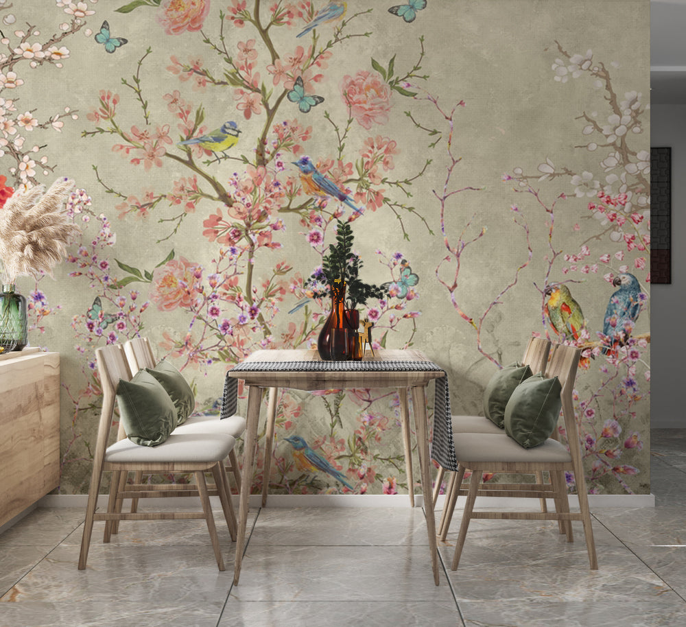 Chinoiserie Çiçekli Dallar, Kuşlar ve Kelebekler Duvar Kağıdı – uygulama görseli 3