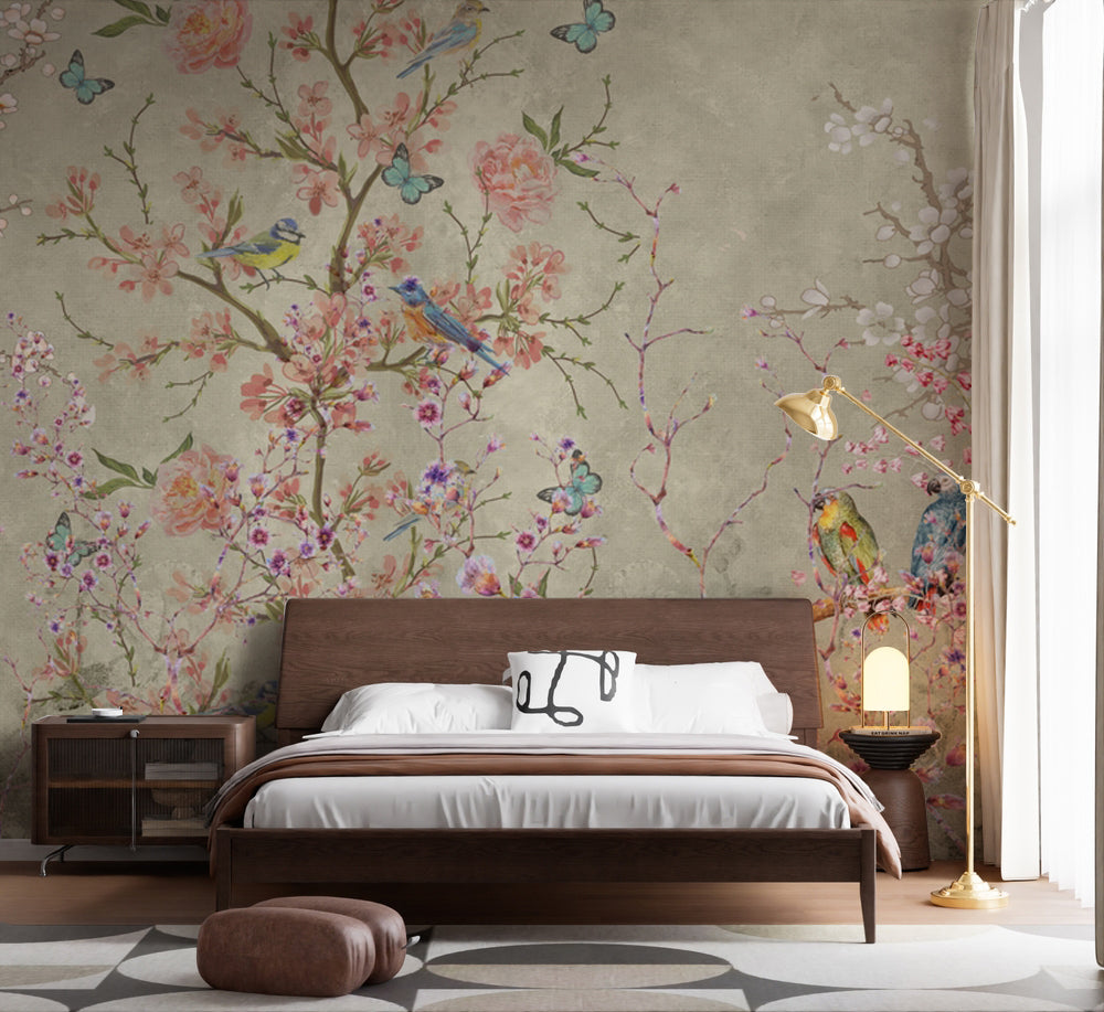 Chinoiserie Çiçekli Dallar, Kuşlar ve Kelebekler Duvar Kağıdı – uygulama görseli 5