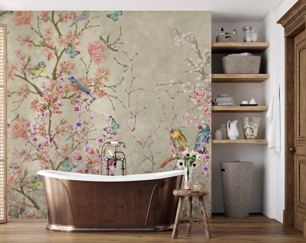 Chinoiserie Çiçekli Dallar, Kuşlar ve Kelebekler Duvar Kağıdı – uygulama görseli 7