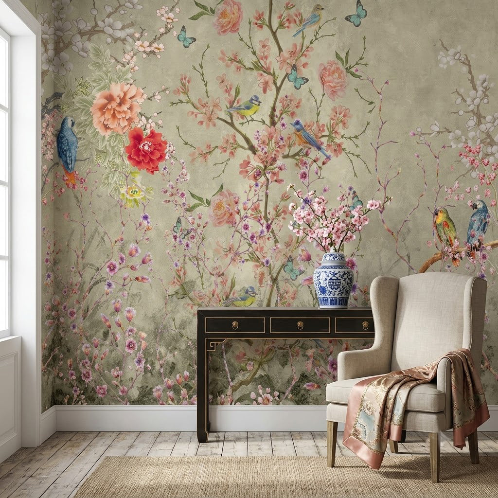 Chinoiserie Çiçekli Dallar, Kuşlar ve Kelebekler Duvar Kağıdı – Gri Yeşil Fon
