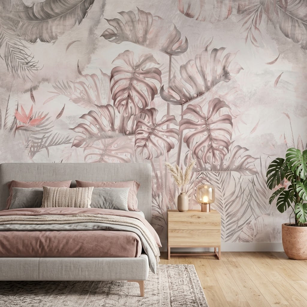 Pudra Pembe Monstera Yaprakları Duvar Kağıdı