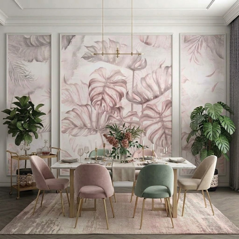 Pudra Pembe Monstera Yaprakları Çıtalı Duvar Kağıdı Seti – uygulama görseli 3