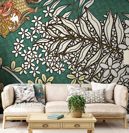 Art Nouveau Beyaz Çiçek Dalları Duvar Kağıdı – uygulama görseli 2