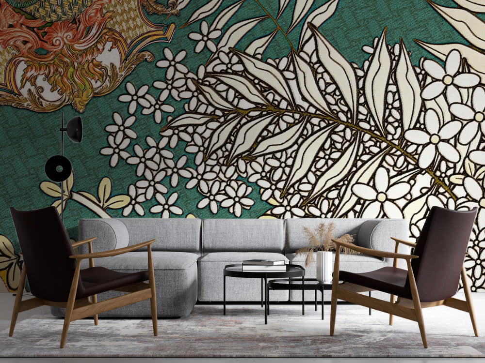 Art Nouveau Beyaz Çiçek Dalları Duvar Kağıdı – uygulama görseli 4