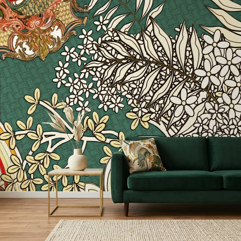 Art Nouveau Beyaz Çiçek Dalları Duvar Kağıdı – Zümrüt Yeşili Fon