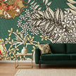 Art Nouveau Beyaz Çiçek Dalları Duvar Kağıdı – Zümrüt Yeşili Fon