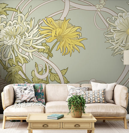 Art Nouveau Sarı Krizantemler Duvar Kağıdı – Adaçayı Yeşili Fon