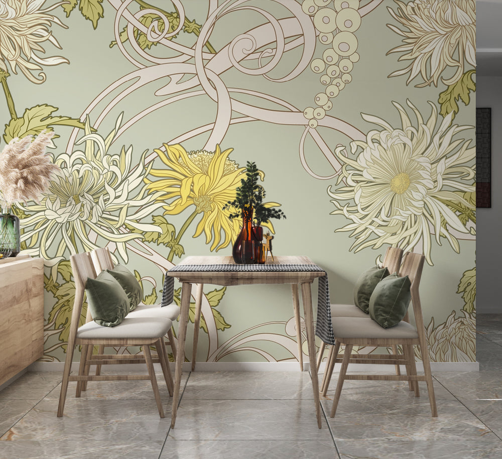 Art Nouveau Sarı Krizantemler Duvar Kağıdı – uygulama görseli 2